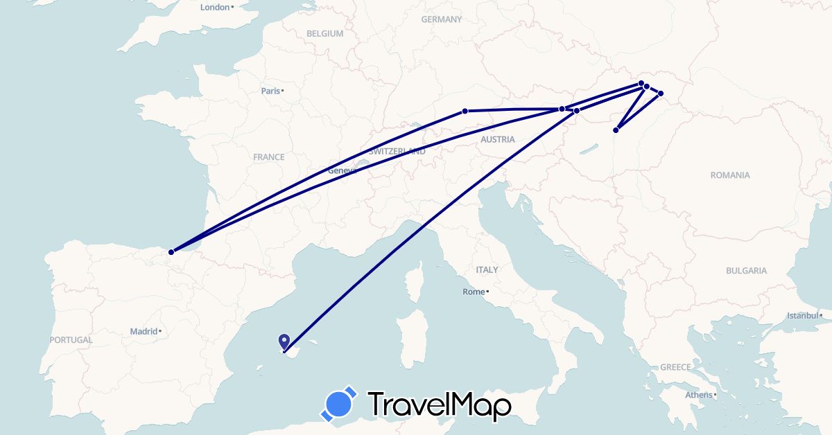 TravelMap itinerary: driving in Austria, Germany, Spain, Hungary, Slovakia (Europe)
